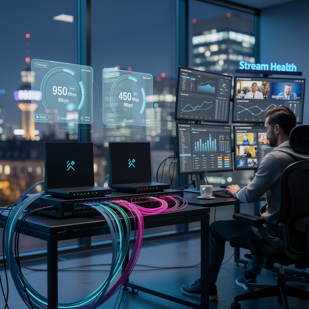 Dual internet IPTV testing setup with fiber connections and performance monitoring in Berlin and Munich
