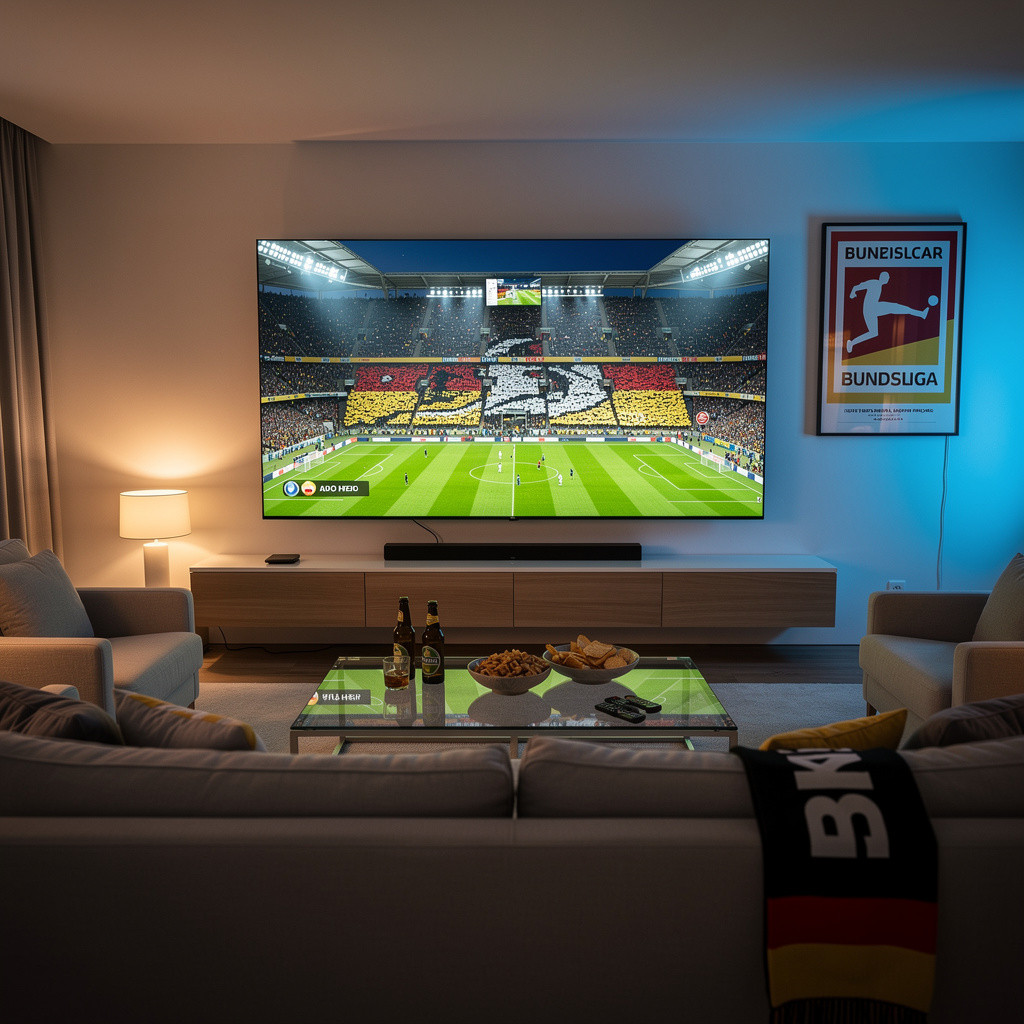 Watching live Bundesliga match on IPTV in a modern German living room with smooth streaming experience