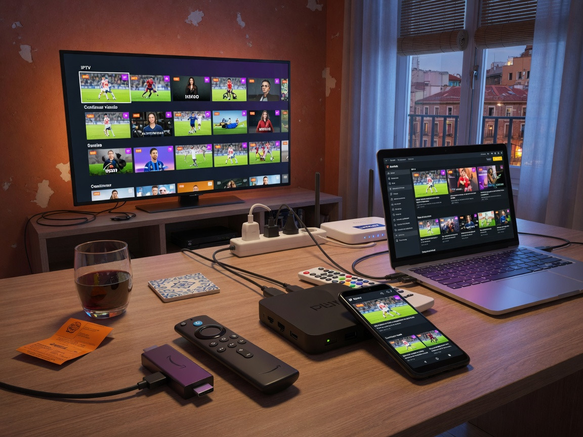 Devices compatible with IPTV Spain including Smart TV Firestick Android and mobile