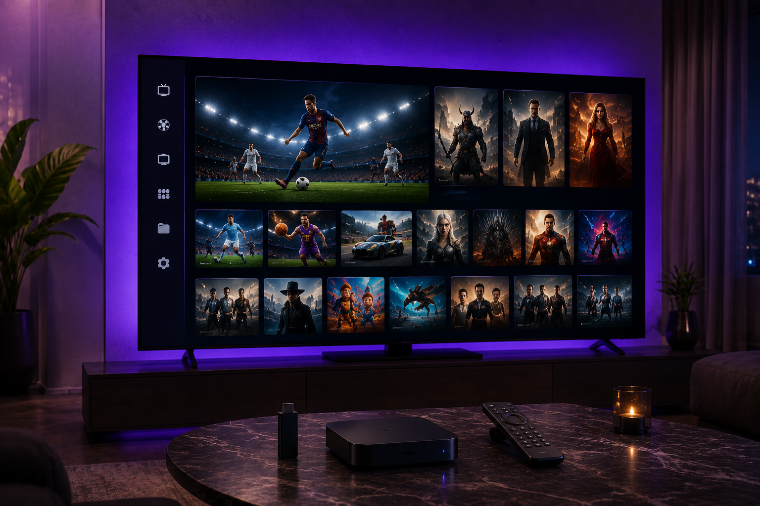 Modern IPTV interface with movies live TV and series