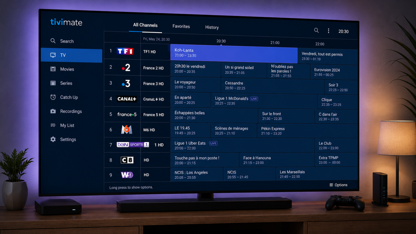 Premium IPTV apps running on Android TV with electronic program guide