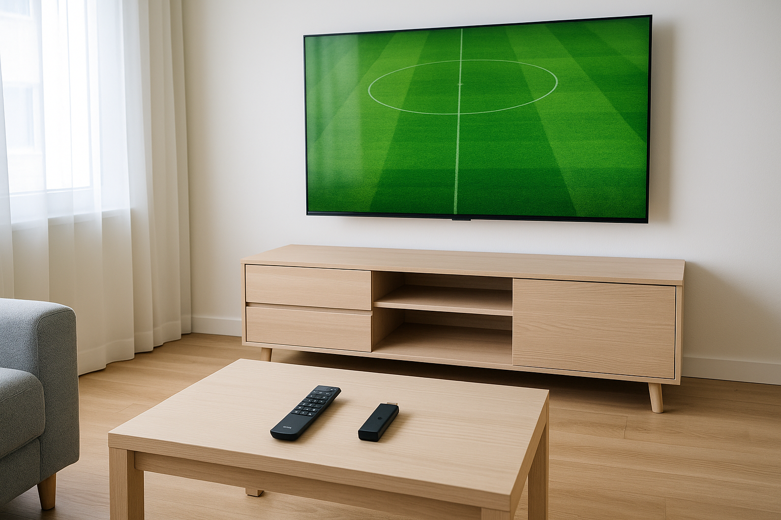 Smart TV showing a football field ready for IPTV sports channels in Lithuania