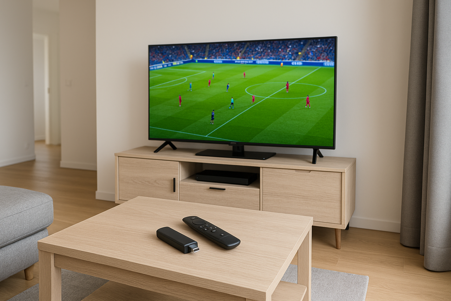 Best IPTV Lithuania 2025 living room setup with Smart TV, Firestick and remote on wooden table