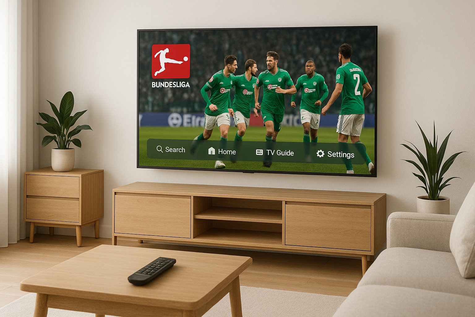 4K Smart TV in a German style living room showing a neutral IPTV interface
