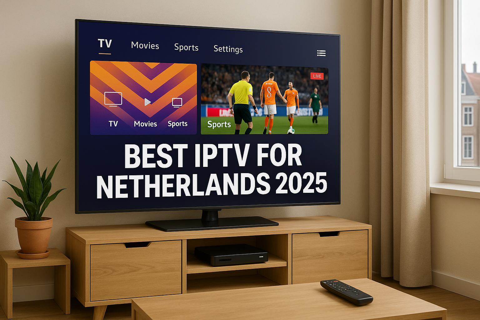 Dutch living room with Smart TV ready for the Best IPTV Netherlands 2025 setup