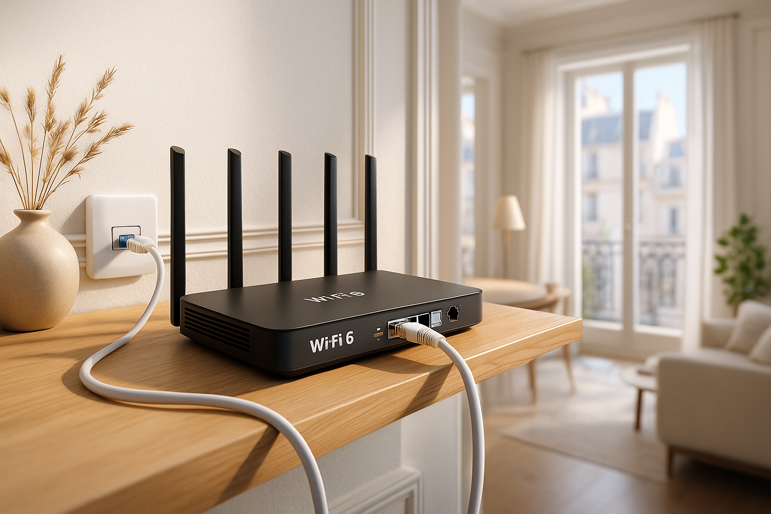 Finding the Best IPTV for France 2025: A Comprehensive Guide Ethernet cable connected to Wi-Fi 6 router for improved IPTV France 2025 stability