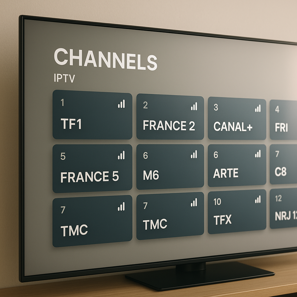Finding the Best IPTV for France 2025: A Comprehensive Guide Smart TV interface showing French IPTV channel list TF1, France 2, Canal+ and M6 for France 2025