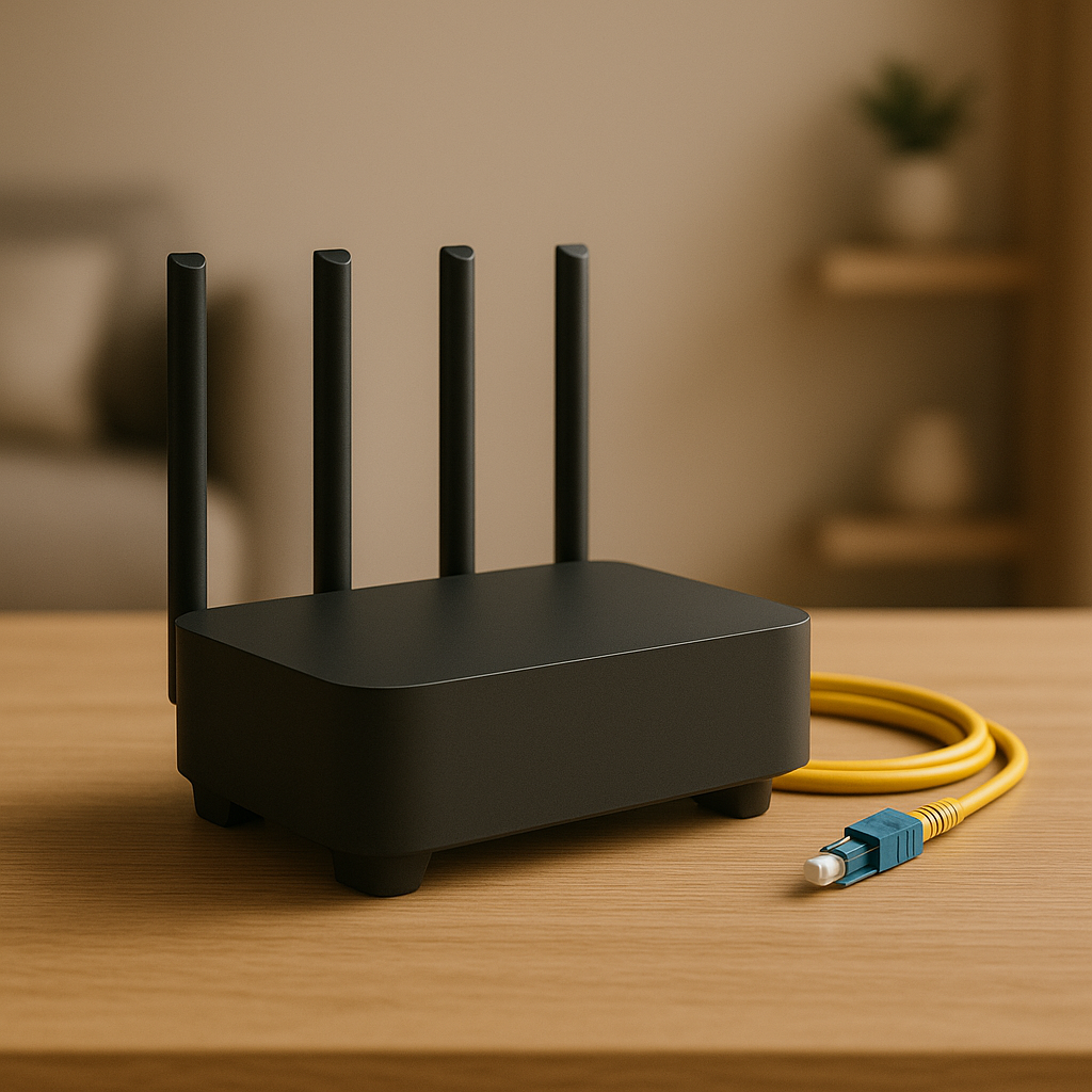 Finding the Best IPTV for Portugal 2025: A Comprehensive Guide Fiber optic cable connected to router for stable IPTV Portugal 2025 streaming in a home