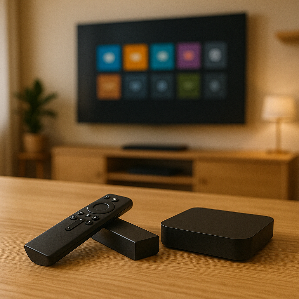 Italian IPTV setup including Smart TV, Firestick, and Android box on table with modern interior