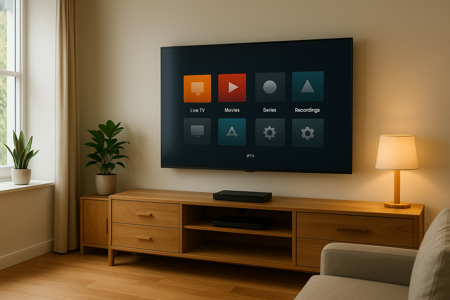 Modern Irish living room Smart TV showing neutral IPTV home screen