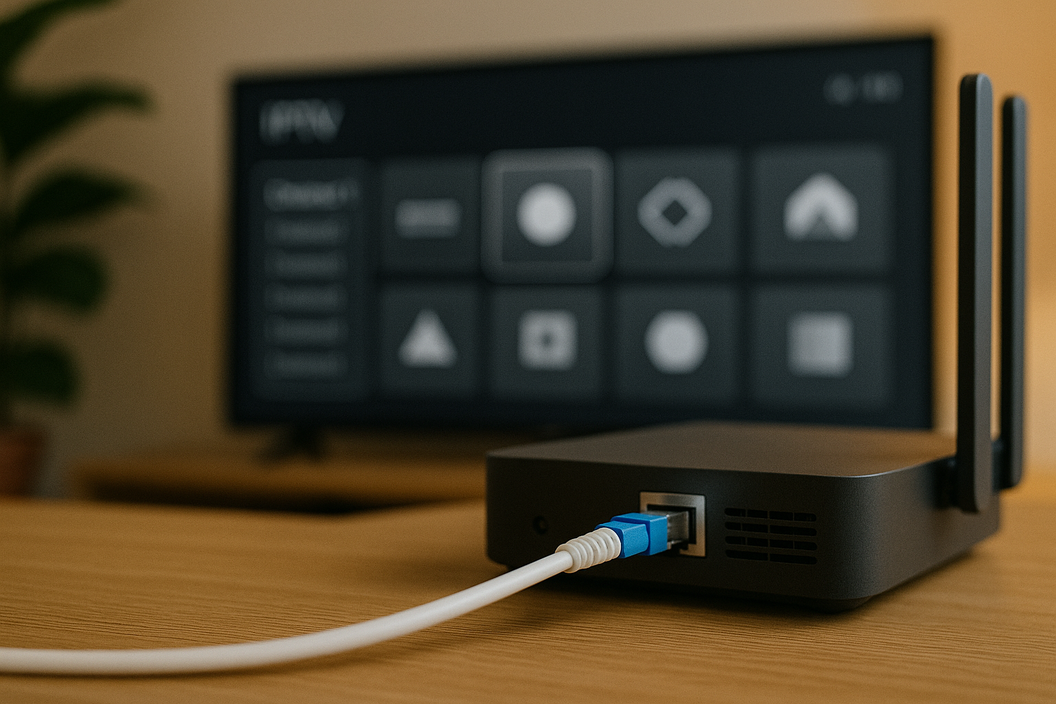Fiber optic cable connected to router for IPTV streaming in Ireland