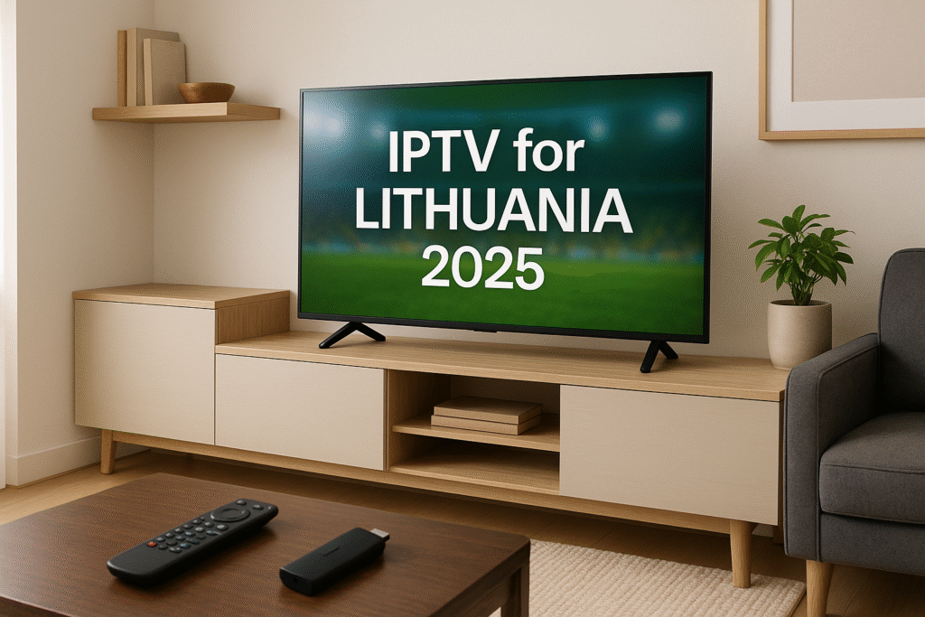IPTV for Lithuania 2025 displayed on a Smart TV in a modern European living room