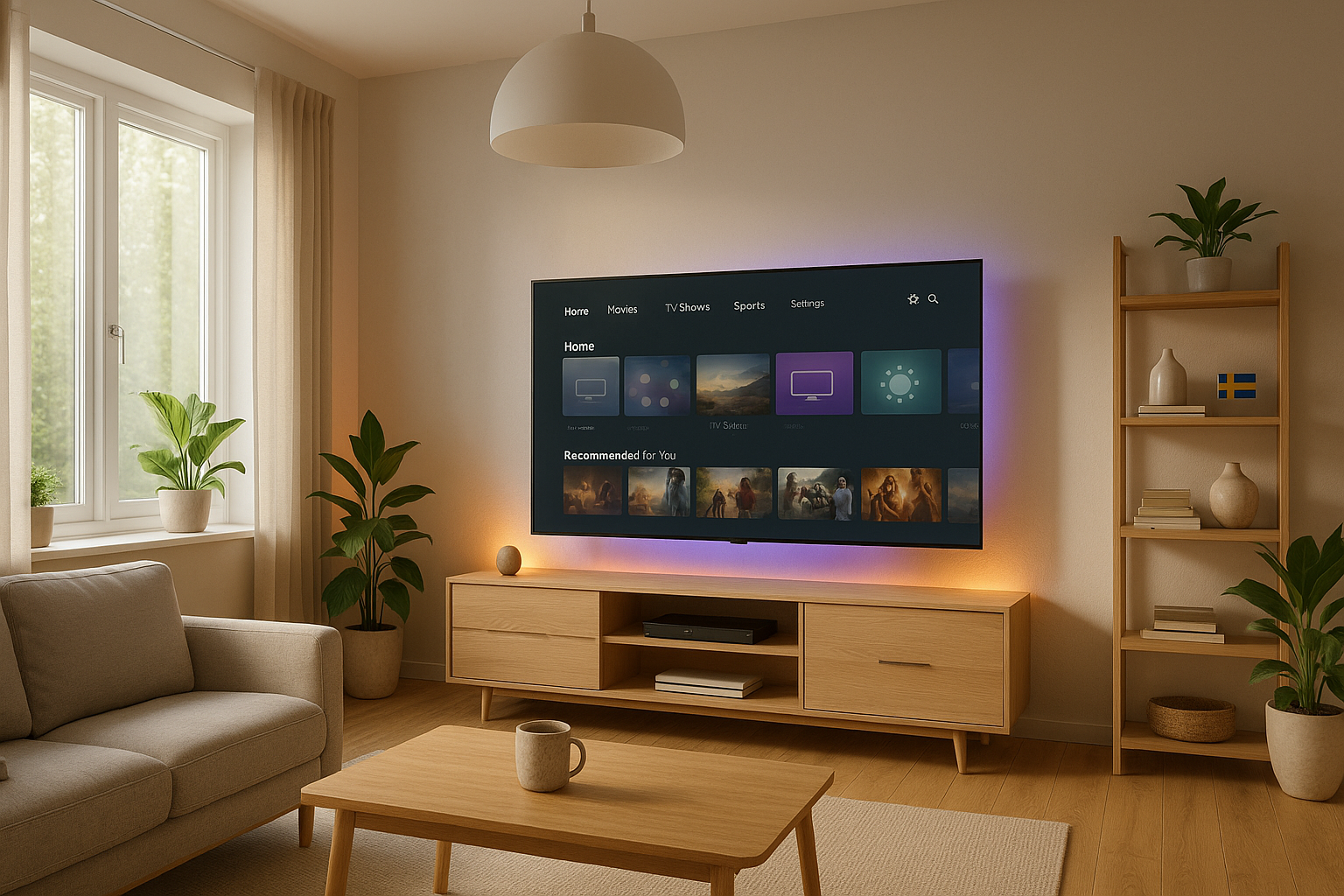 Best IPTV for Sweden 2025 cozy Swedish living room with Smart TV setup