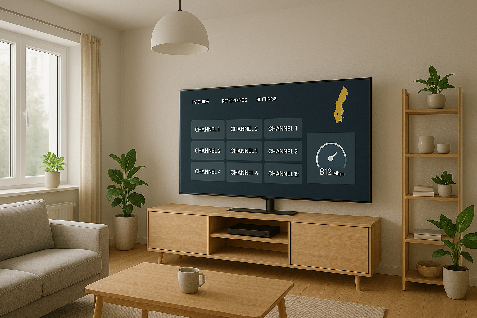 Modern Smart TV in Swedish living room showing neutral IPTV interface and speed test