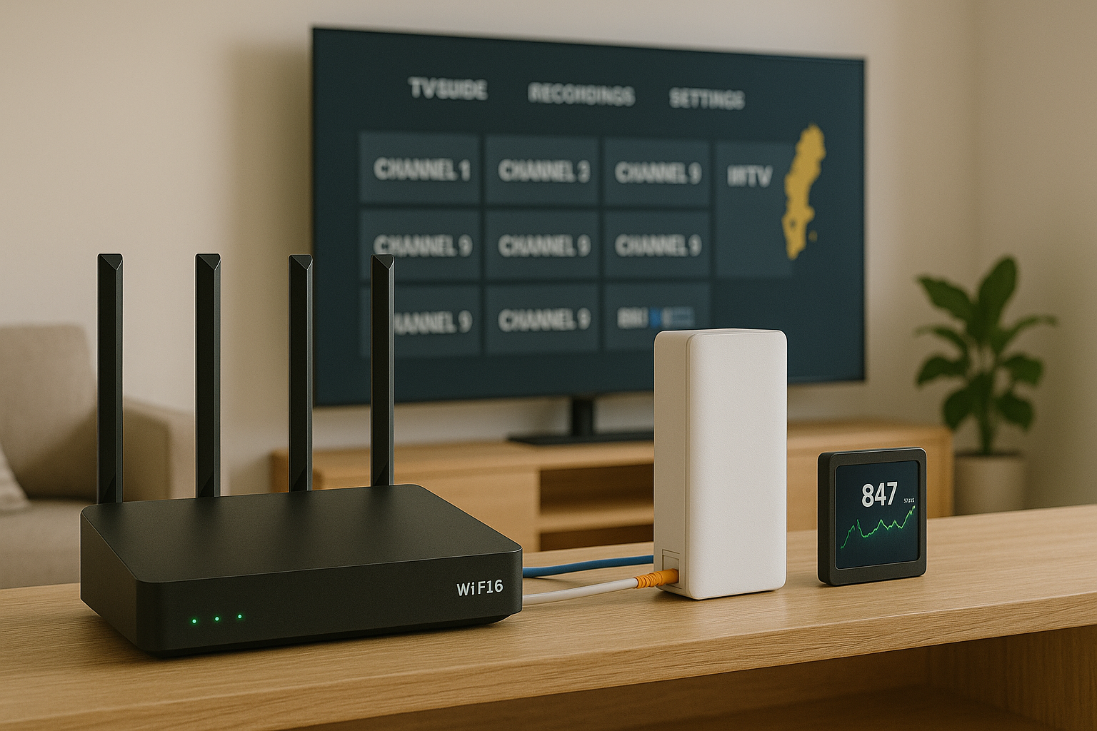 Modern Wi-Fi 6 router fiber modem and speed test screen for IPTV Sweden 2025