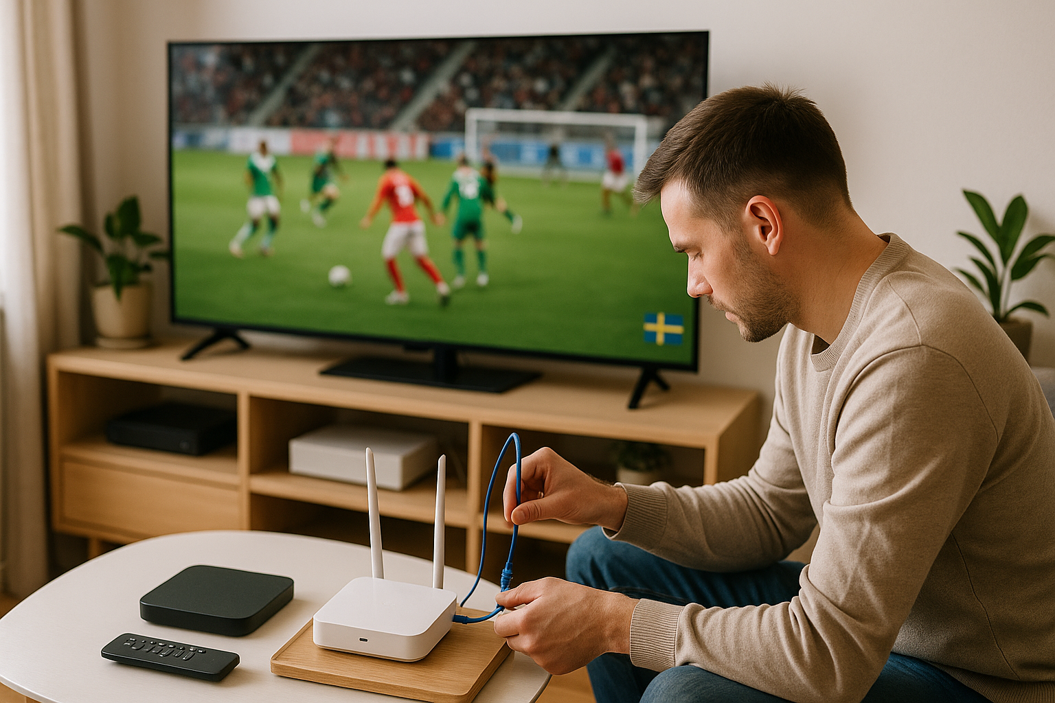 Neutral support agent helping viewers with IPTV in Sweden in UltraOnlineHub style illustration