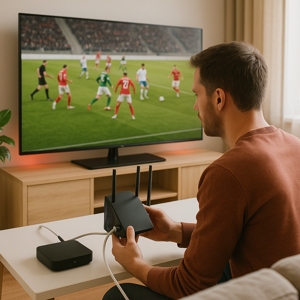 Person checking Wi-Fi router while watching football on IPTV in Denmark