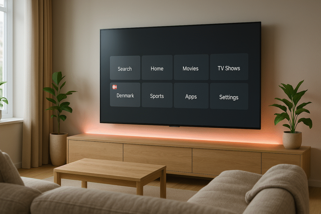 Cozy Danish living room 2025 with Smart TV showing a neutral streaming interface — Best IPTV for Denmark