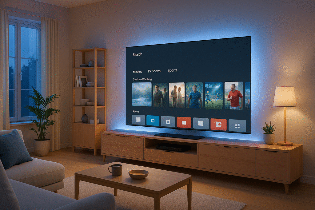 Cozy Danish living room 2025 with Smart TV showing a neutral streaming interface — Best IPTV for Denmark