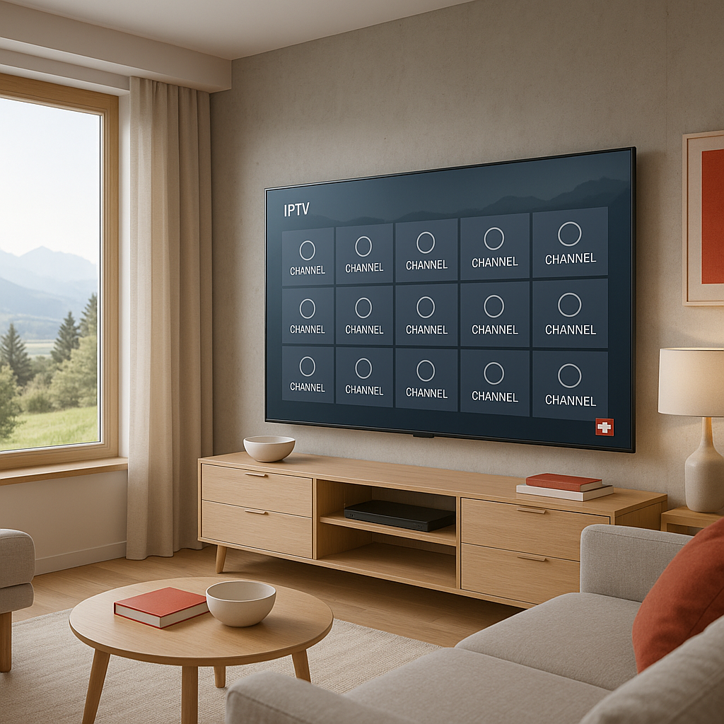 Abstract collage of Swiss TV content tiles representing IPTV channels in Switzerland