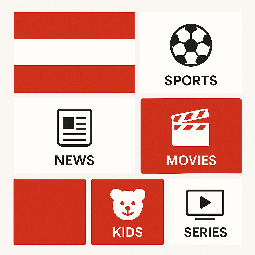 Abstract collage of Austrian TV channel concepts for Best IPTV Austria 2025