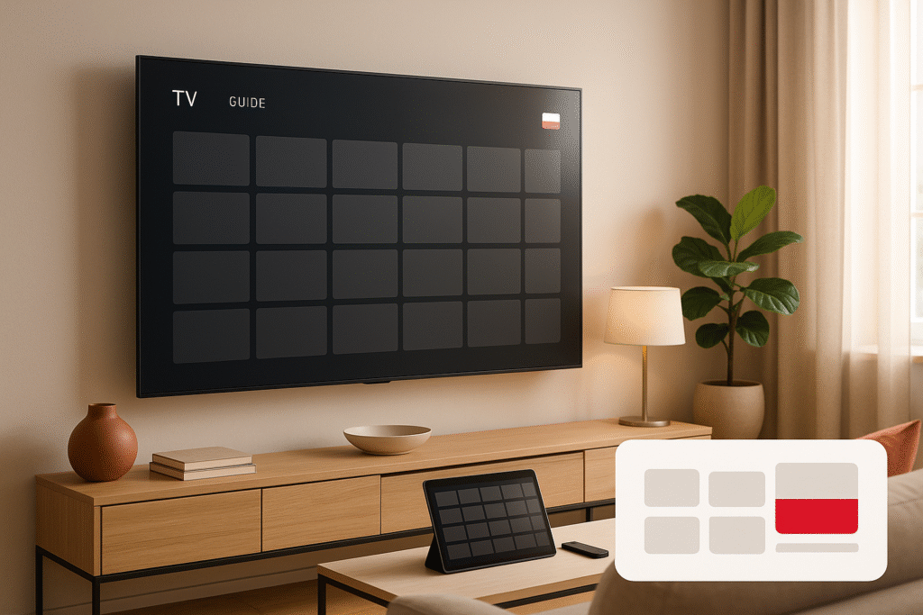 Modern Polish living room with Smart TV streaming IPTV in 2025