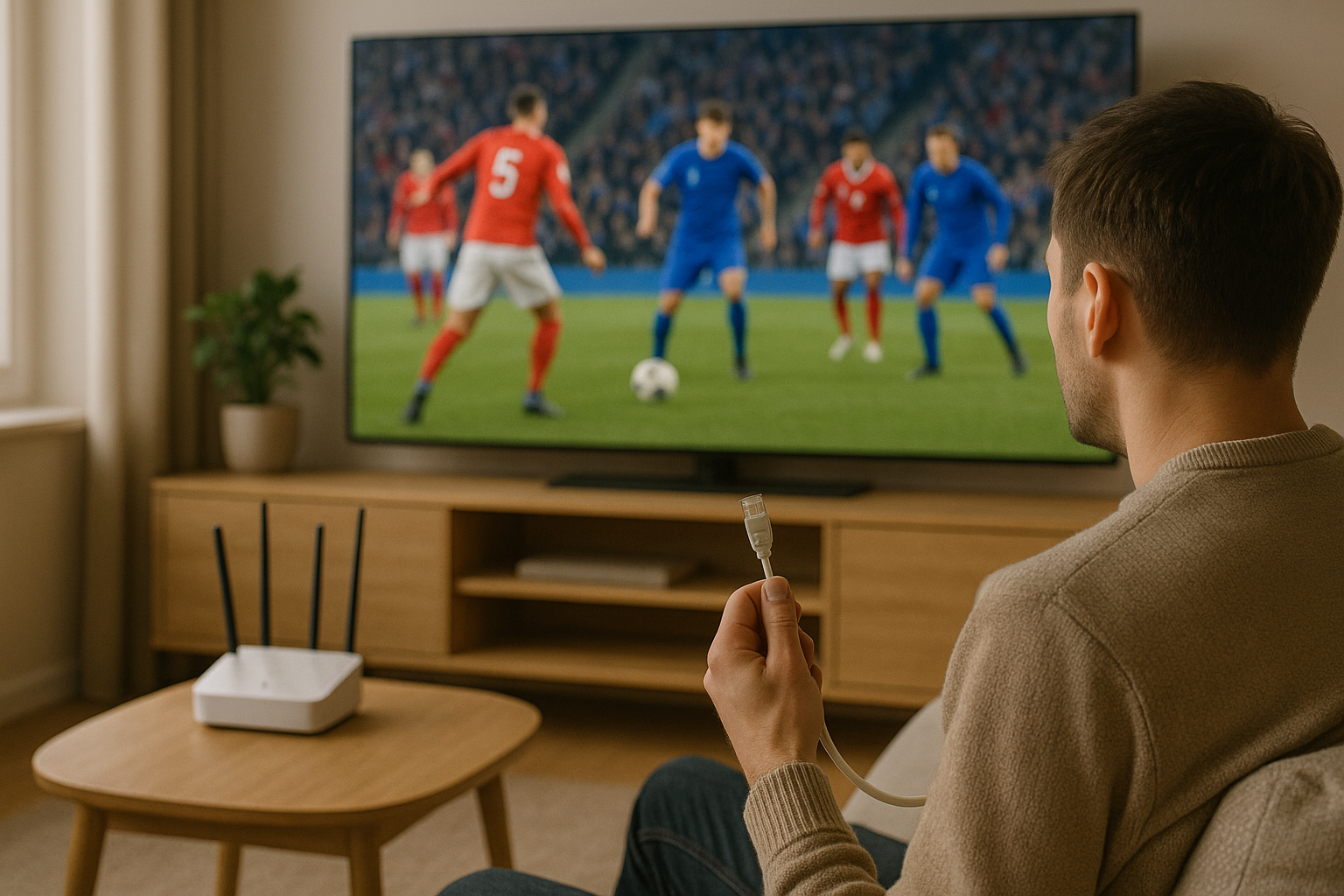 Smart TV in a Slovak living room showing a neutral IPTV channel grid