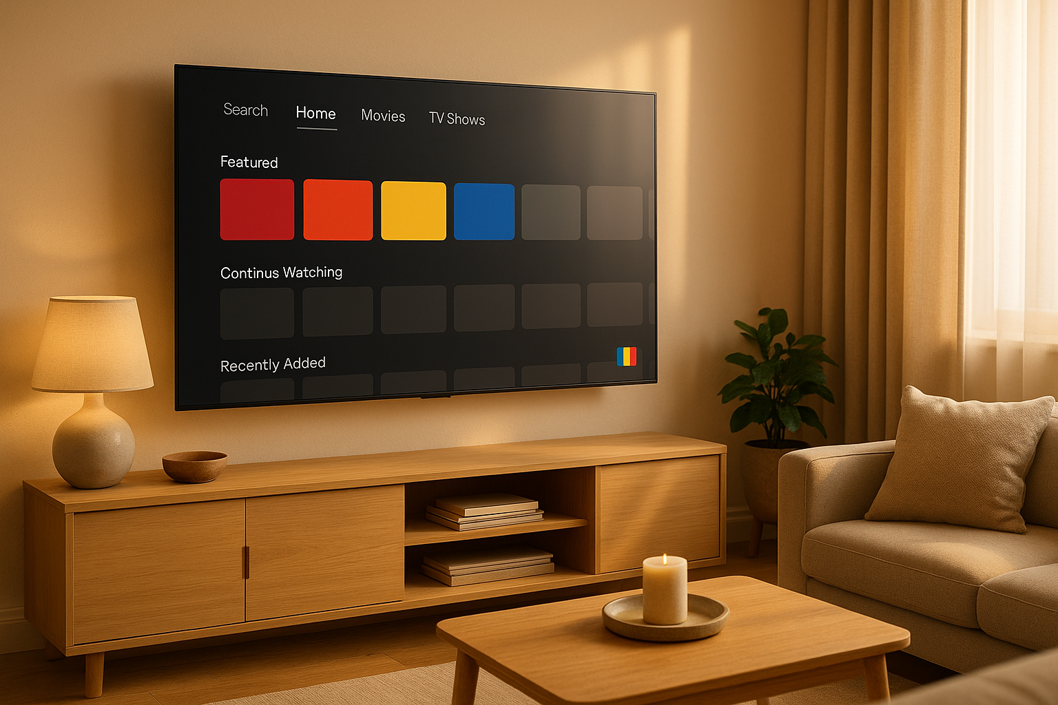 Romanian living room with Smart TV and neutral IPTV interface