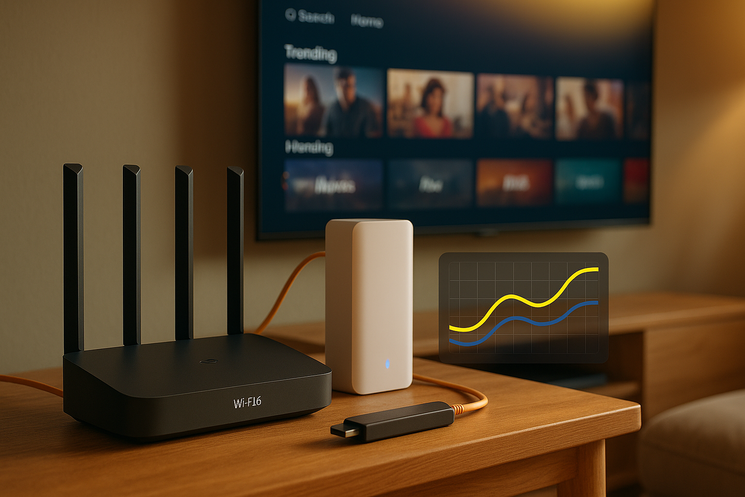 Modern Wi-Fi router and fiber connection for IPTV in a Romanian home