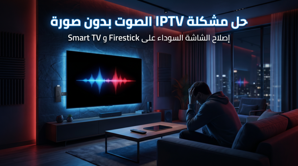 تلفاز ذكي يعرض شاشة سوداء في IPTV مع وجود الصوت فقط أثناء شرح حل مشكلة عدم ظهور الصورة على Firestick وتطبيقات البث