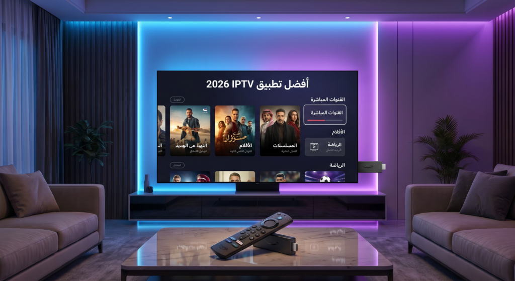أفضل تطبيق IPTV لجهاز Firestick 2026 مع واجهة عربية حديثة على شاشة ذكية.