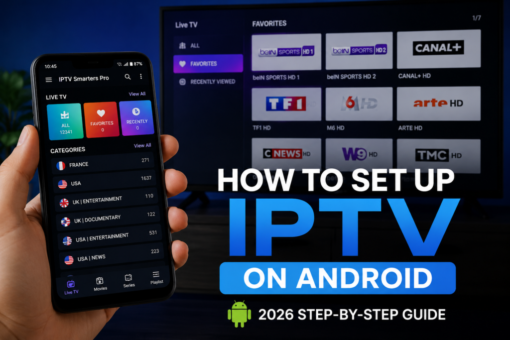 How to set up IPTV on Android in 2026 using IPTV Smarters Pro on smartphone and Android TV with live channels and streaming interface displayed on screen